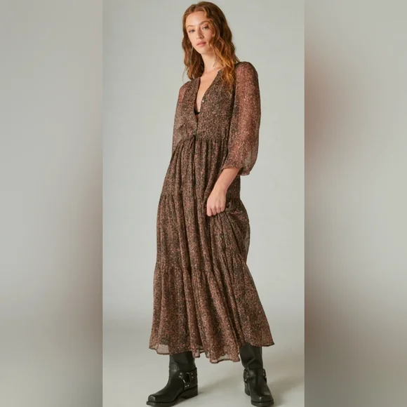 Lucky Brand | Dresses | Nwt Lucky Brand Printed Shine Floral Chiffon Maxi  Dress Szl Long Sleeve Tiered | Poshmark